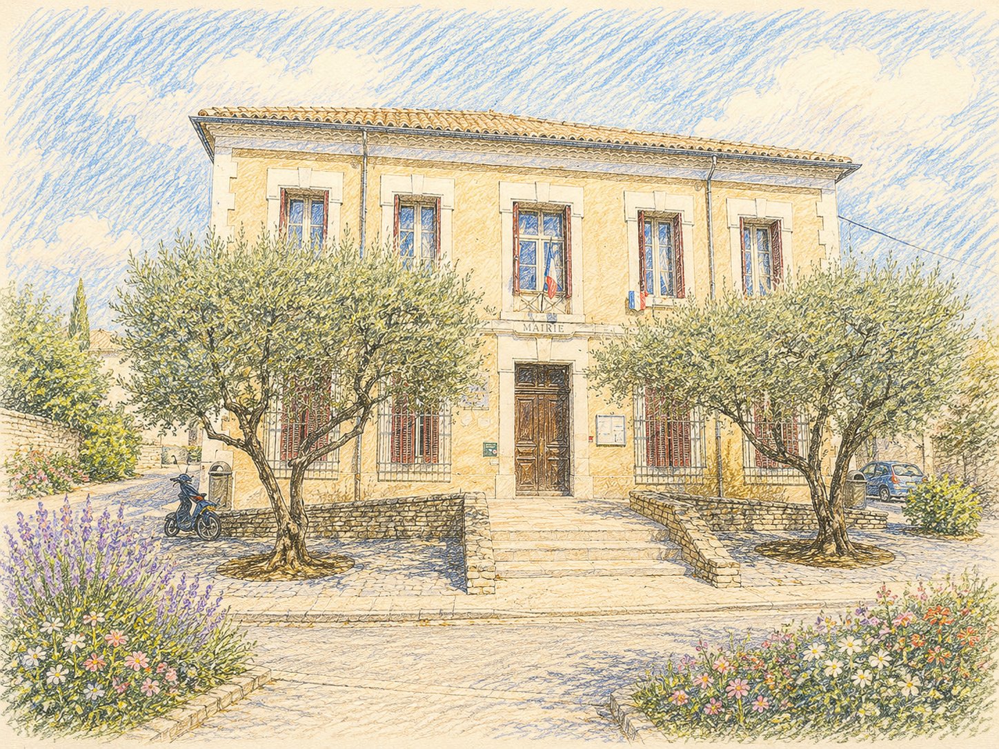 La mairie de Piolenc, vue en dessin aux crayons de couleur