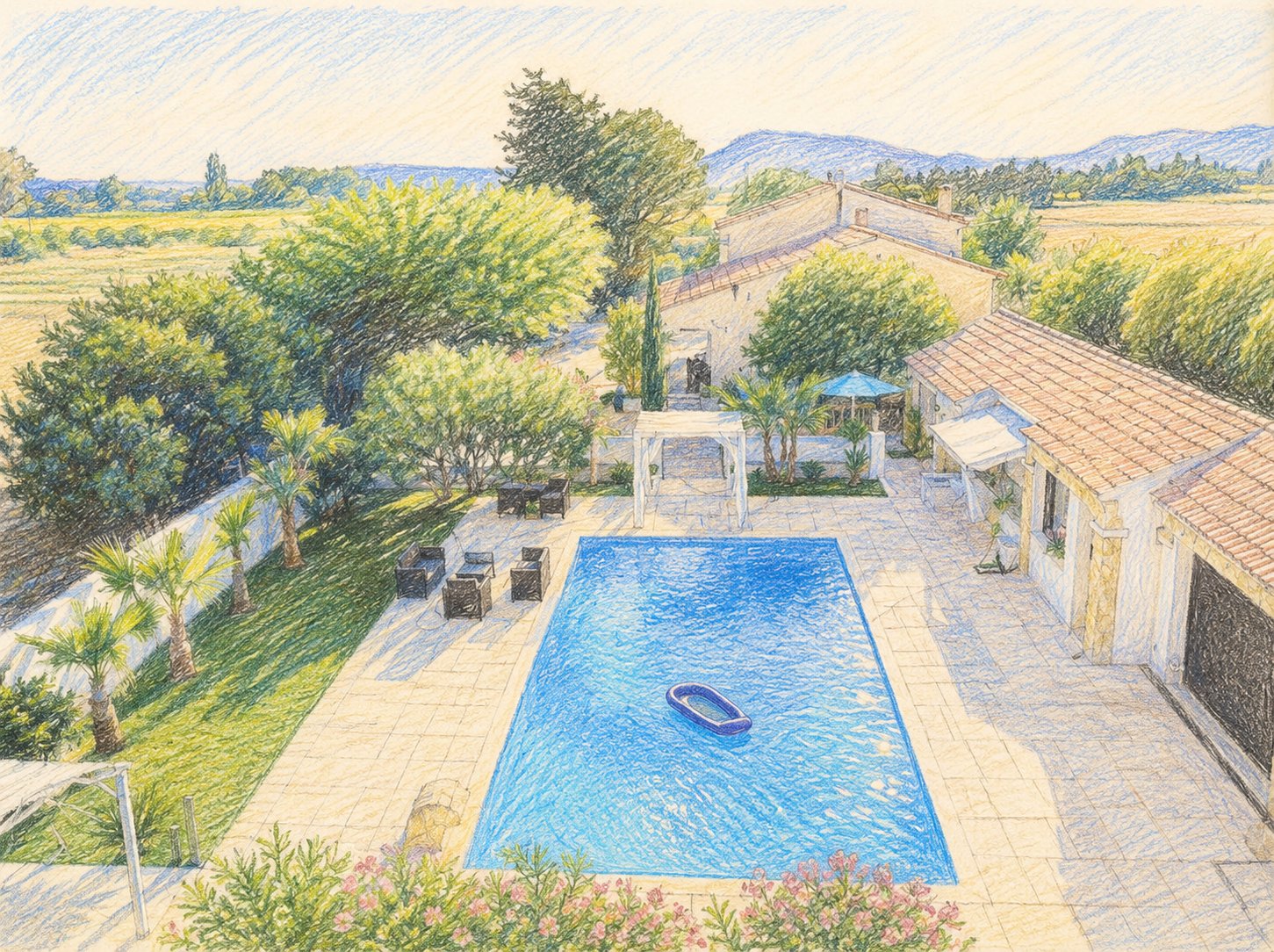 La Maison Familiale et sa piscine, vue en dessin aux crayons de couleur